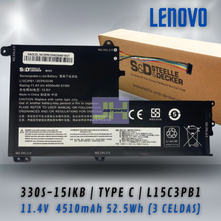 BATERIA PARA LENOVO 330S-15IKB L15C3PB1 - 11.4V / 4510MAH / 52.5WH - 3 CELDAS - TYPE C