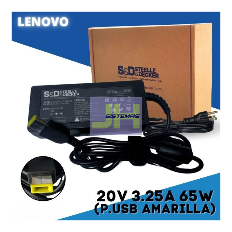 Cargador Laptop Lenovo 20V 3.25A 65W Punta Rectangular Slim Tip Amarilla – IdeaPad ThinkPad